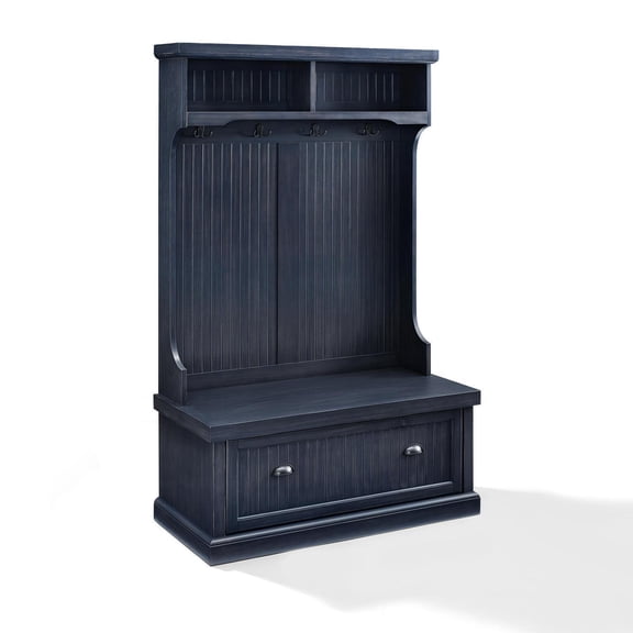 HomeStock Tuscan Treats Hall Tree, Entryway Bench w/ Coat Rack & Shoe Cabinet, Distressed Navy Finish, 18.5 x 40 x 64.5 inches, Coastal Design, Modern Storage Hall Tree for Hallways & Entryways