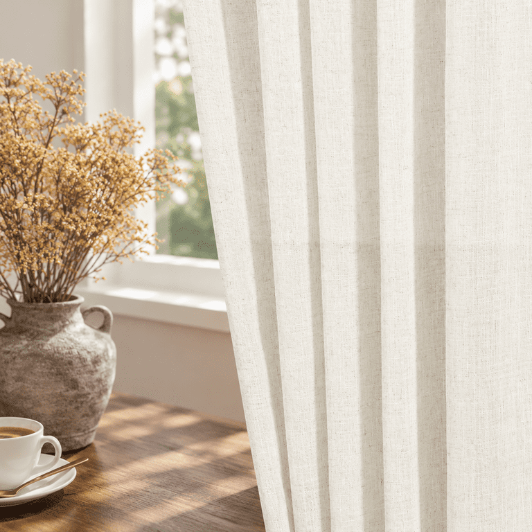 Beige White Linen Blend Curtain Panels, 52