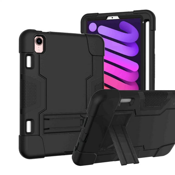 For Apple iPad Mini 6th generation 8.3 inch 2021 / A2567 / A2568 / A2569 Dual layer Shockproof Heavy Duty Hybrid Silicone Kickstand Tablet Case Cover Black/Black