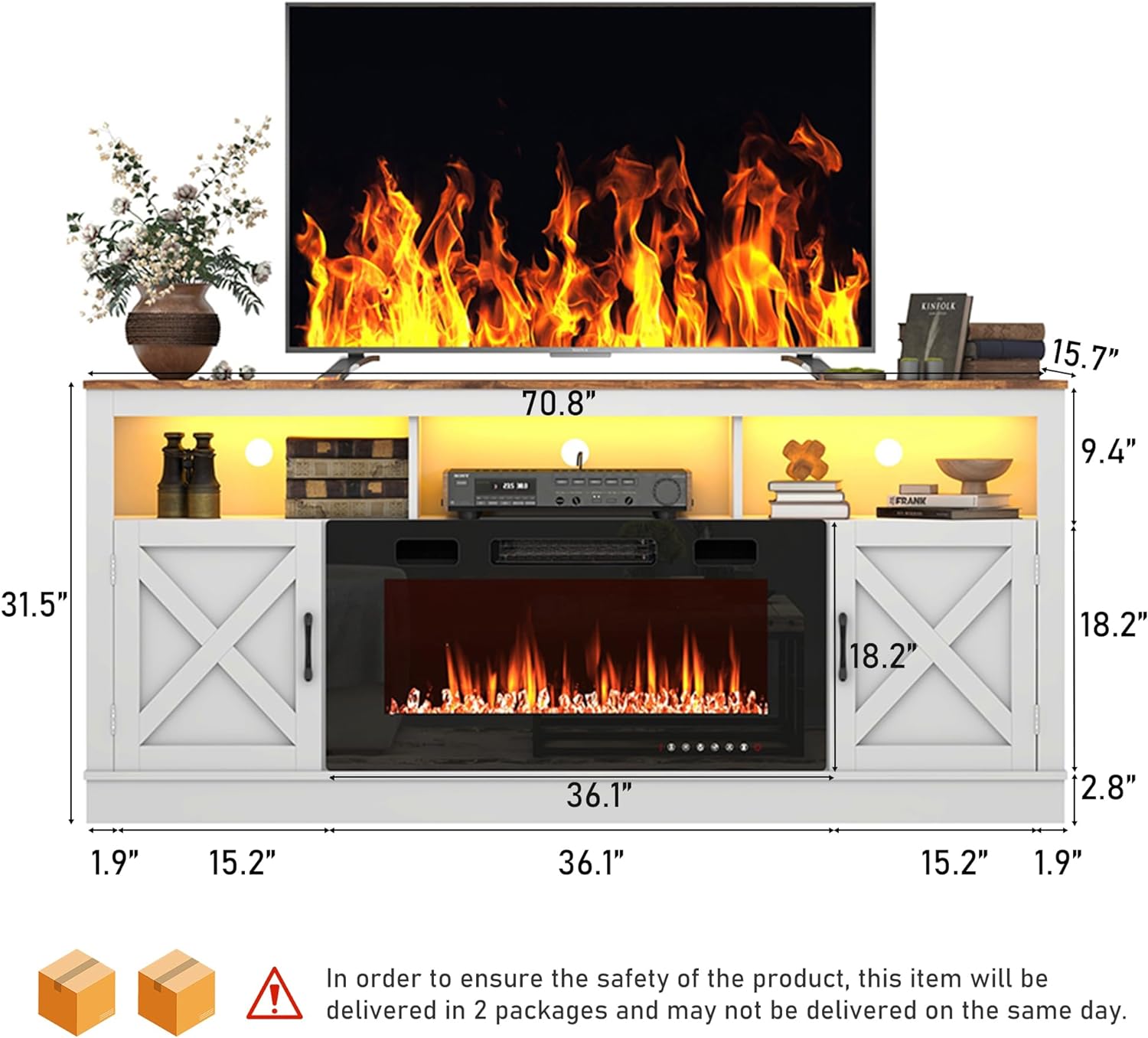 Chvans 80" Fireplace TV Stand with Barn Doors, Farmhouse photo 2