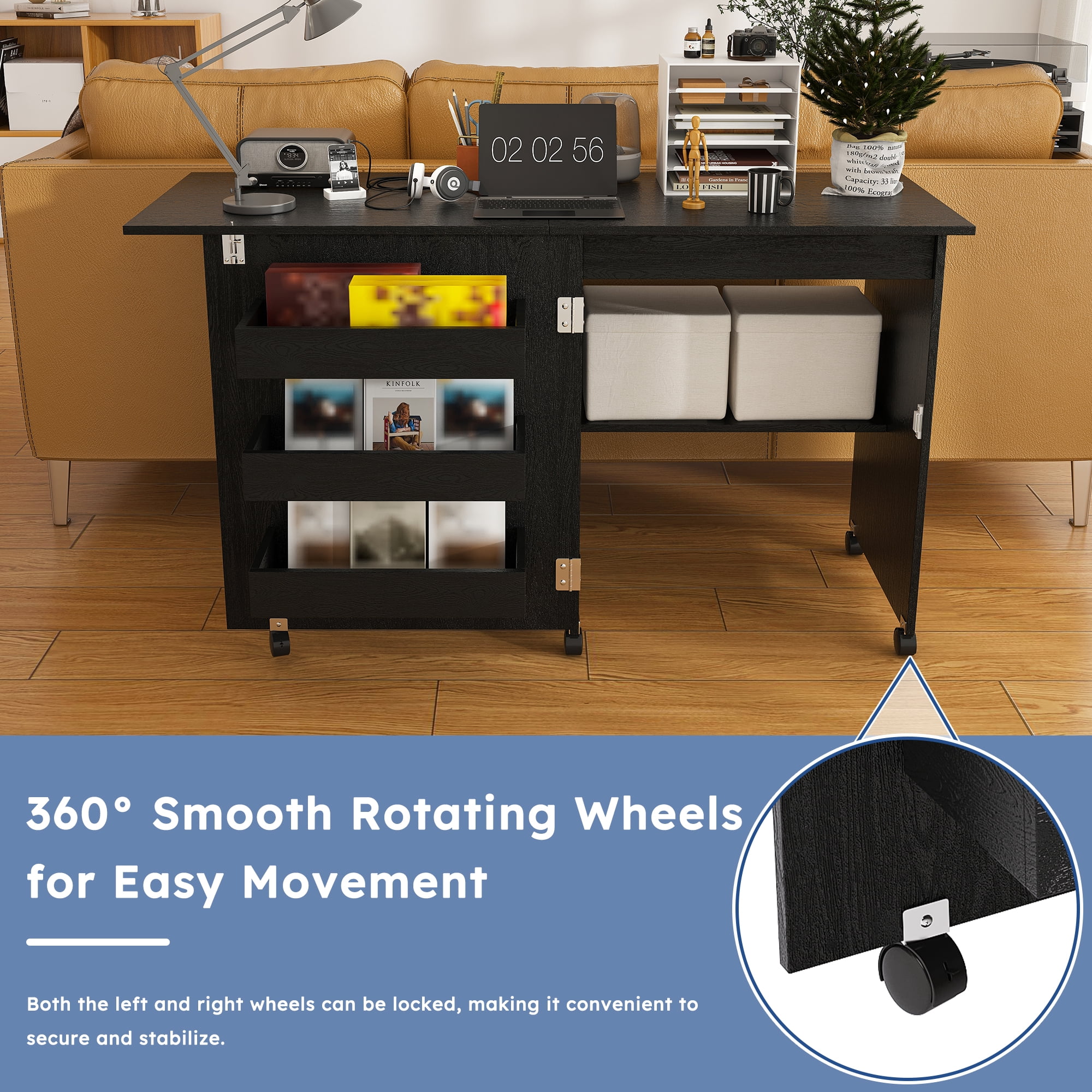 4-in-1 Folding Sewing Table with Storage 5 Wheels for Craft Room Bedroom Living Room