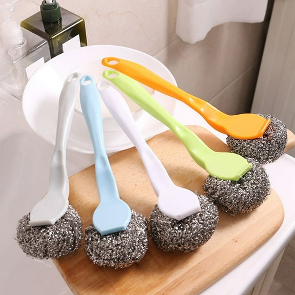 Nsxcdh Stainless Steel Kitchen Sponges Pot Scrubber Long Handle Cleaning Brush Durable Metal Scouring Pads Heavy-Duty Kitchen Cleaning Tool Set Gift