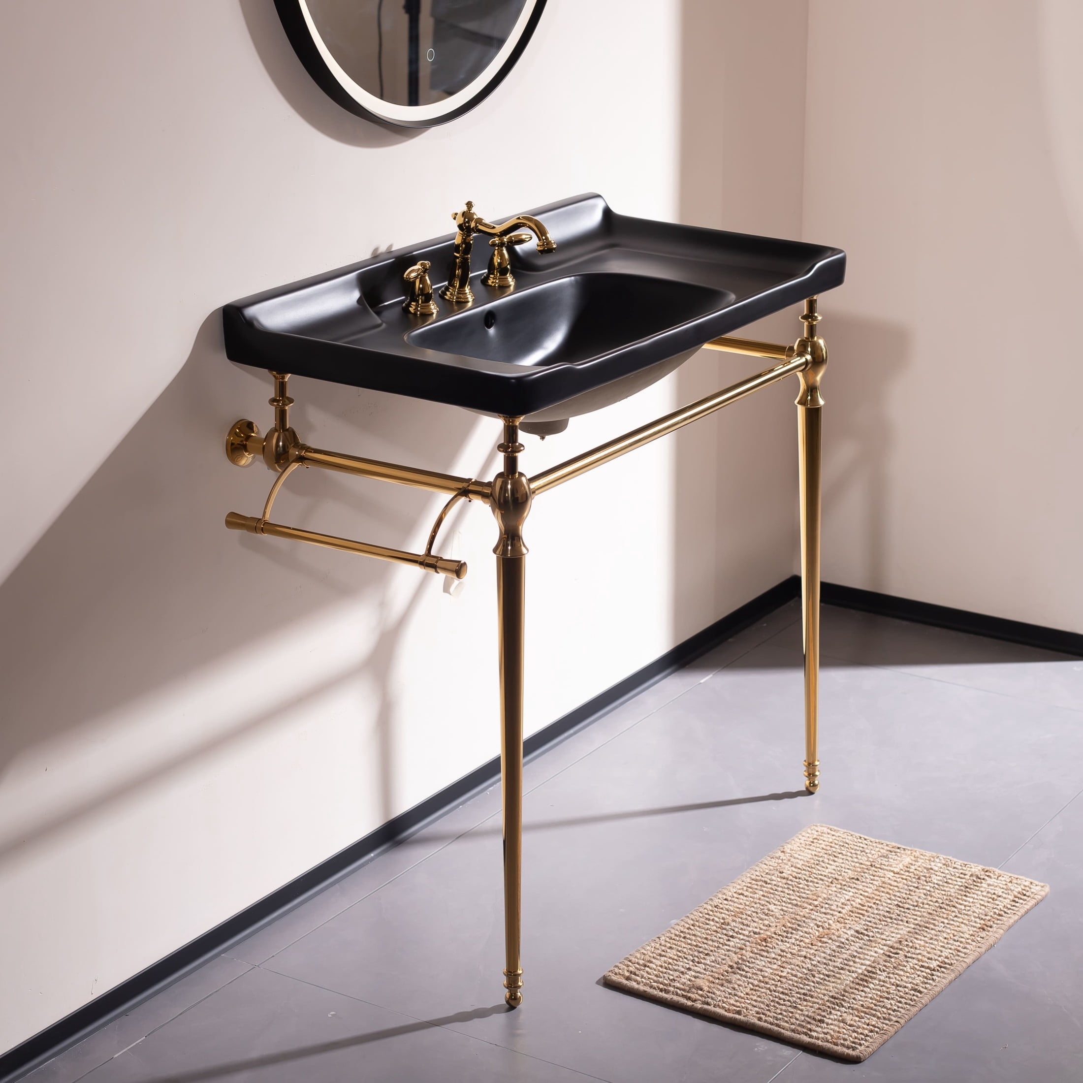 Noble House VICI 36" Bathroom Console Sink, Wall-Mounted Ceramic Basin Vanity with Stainless Steel Legs, Black & Gold
