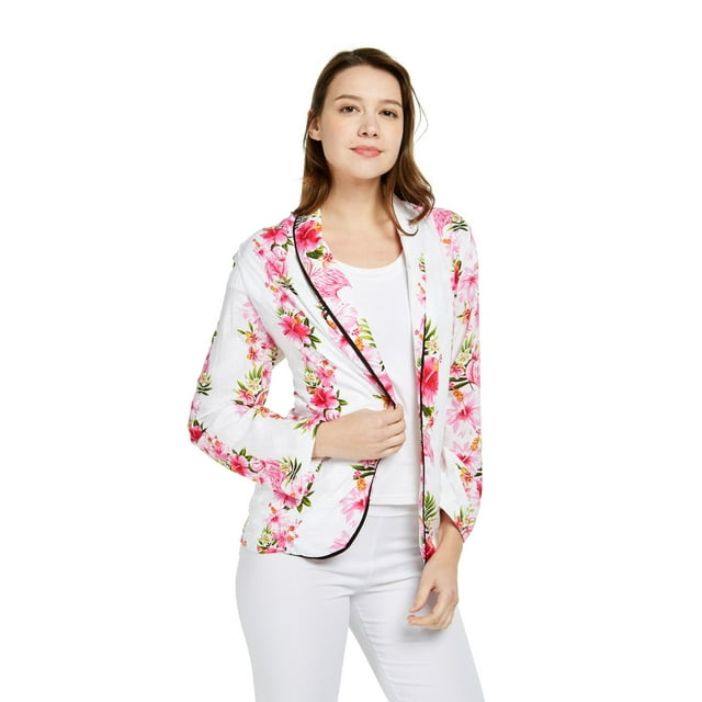 Veste Cardigan Légère en Rayonne Décontractée Ouverte devant Rose Blanc Hibiscus Vigne Large