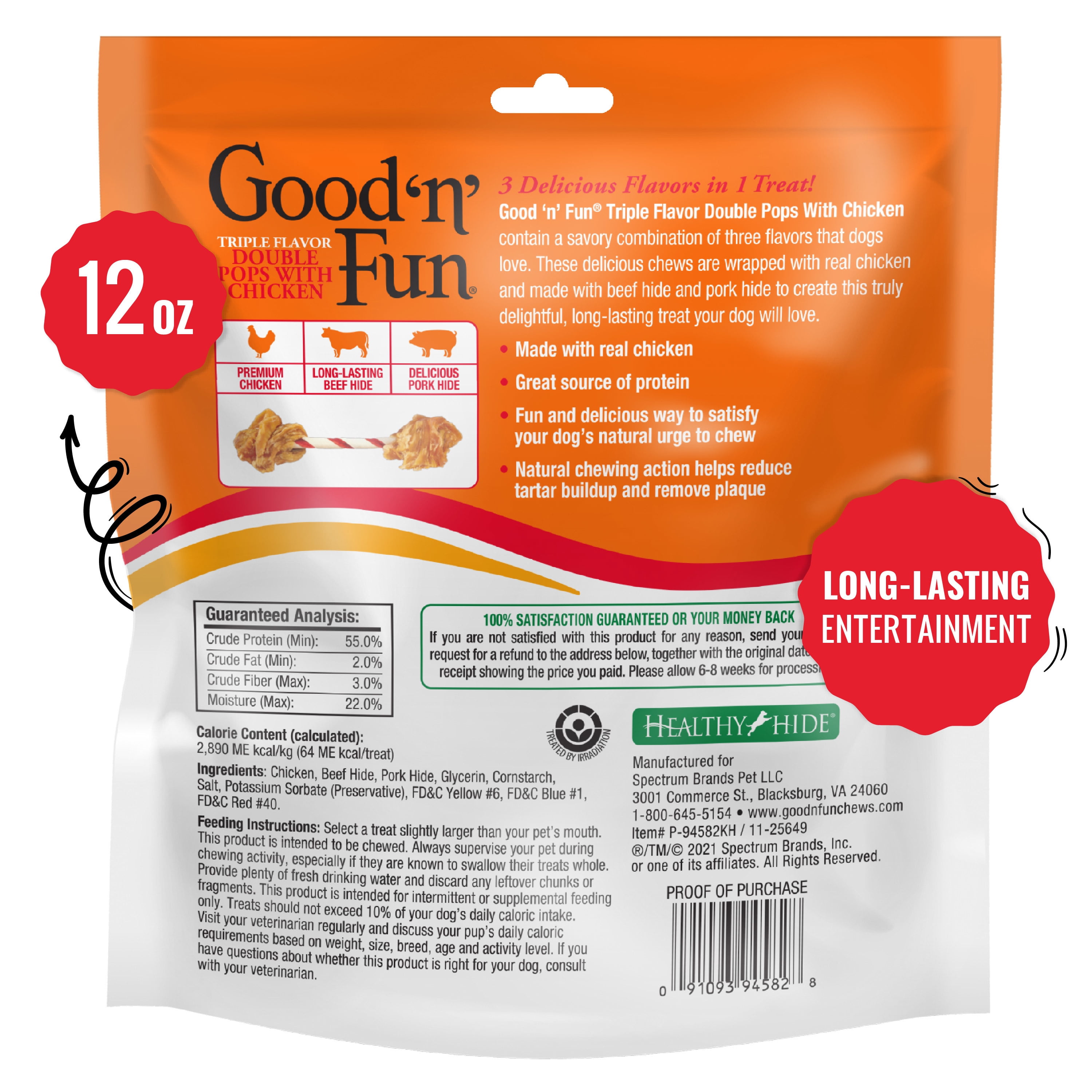 (4 pack) Good ’n’ Fun Triple Flavor Double Pops with Chicken, Rawhide Chews for All Dogs, 12 oz.