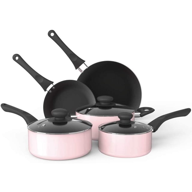 juego de utensilios de cocina mosta ollas y sartenes antiadherentes de aleación de aluminio 8 piezas rosa Conjunto de 8 piezas rosa que incluye sartenes de 8" y 10", cacerolas de 1.5 y 3 cuartos y olla de 2 cuartos con tapas de vidrio ventiladas. Interior negro antiadherente, mangos suaves al tacto en negro y fondo en espiral compatible con estufas de gas, eléctricas y de vidrio; sin BPA. Suele utilizarse también para preparar porciones familiares y para llevar.