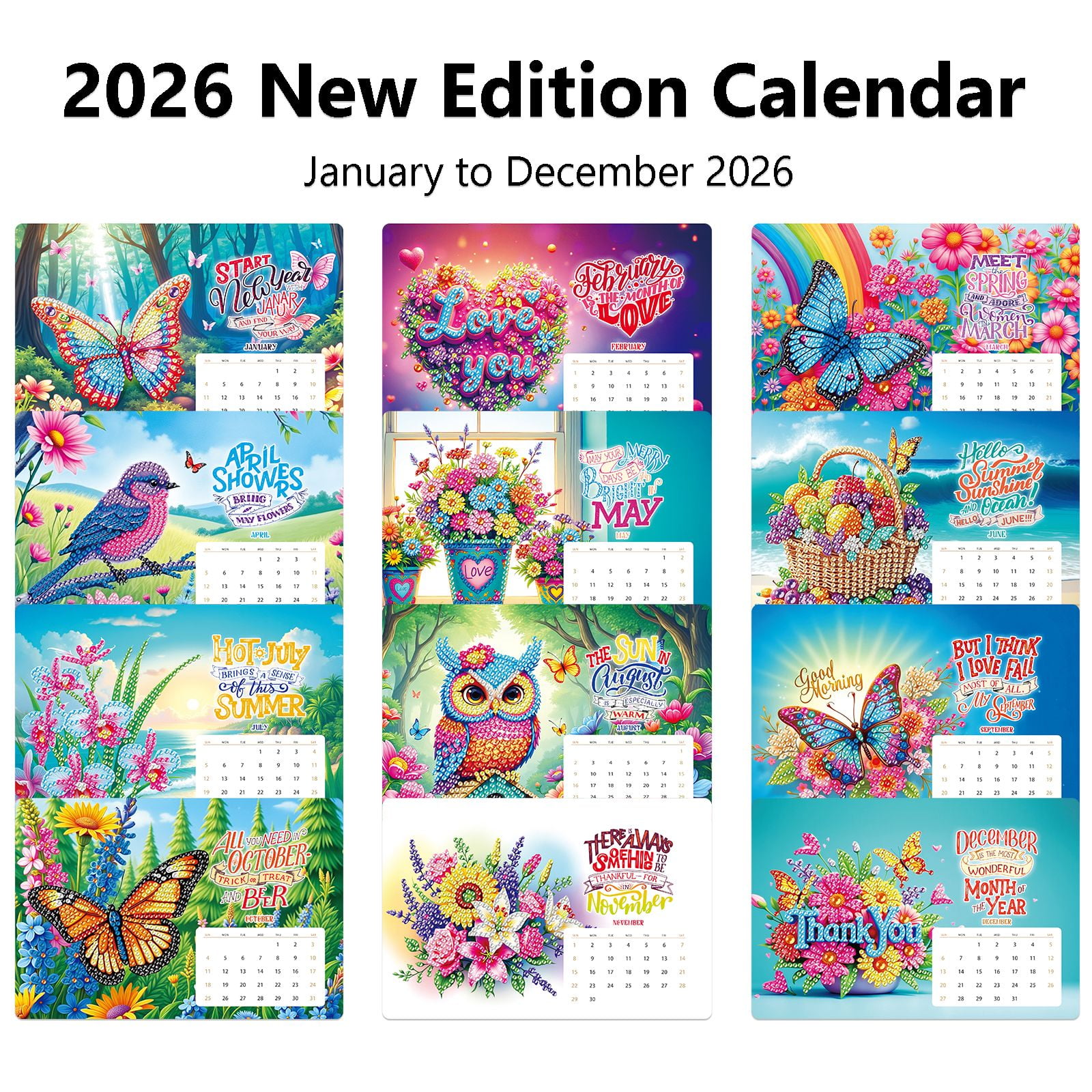 FLOPESN 2Pcs 2026 Desk Calendar DIY Diamond Painting Craft Kit, 7.68*6.69 in Paper Calendar with Special Drills for Home Office Decor
