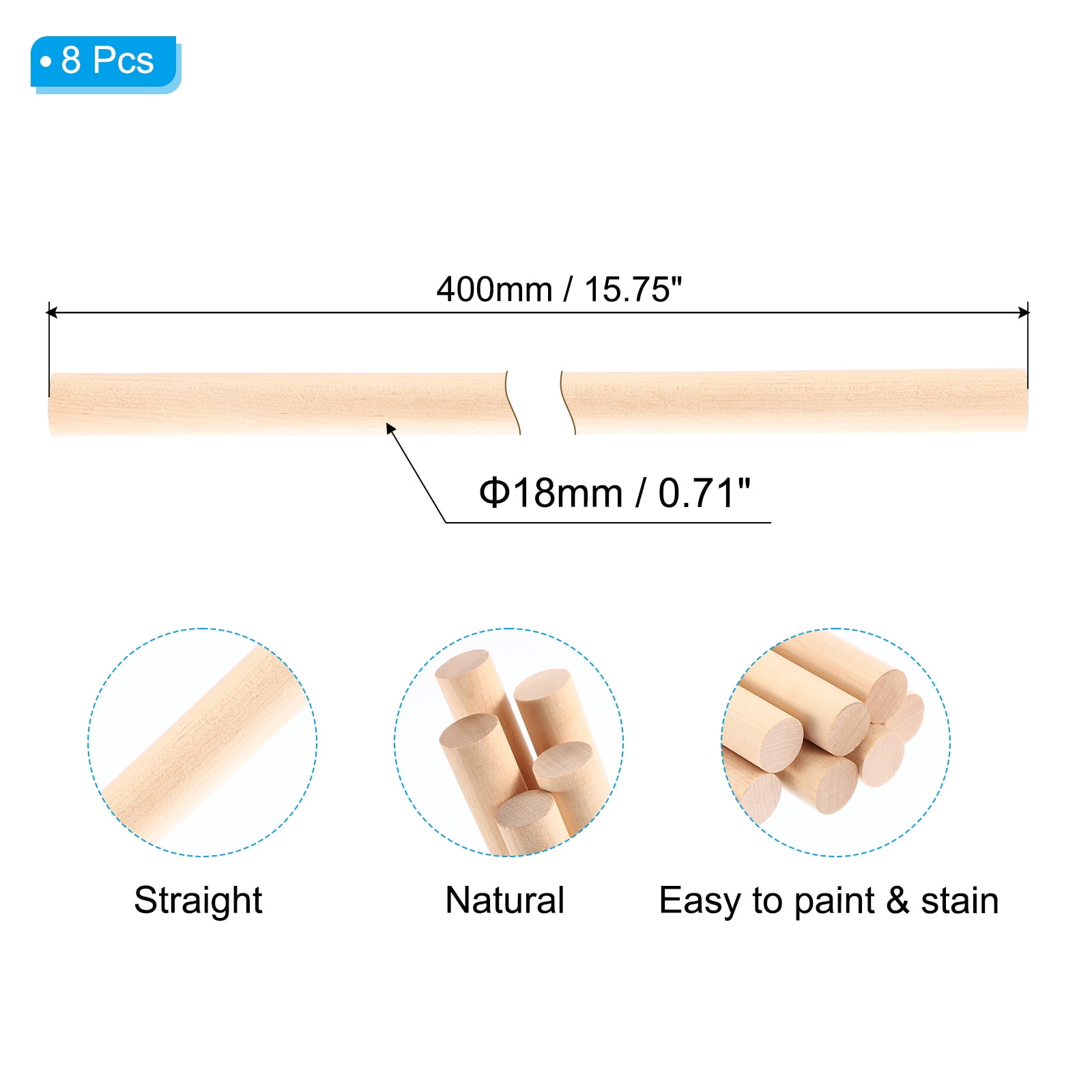 5/7x15.75inch Wooden Dowel, 240 Pcs Dowel Rod Wood Dowels Wood Sticks Unfinished Round, 18mm x 400mm