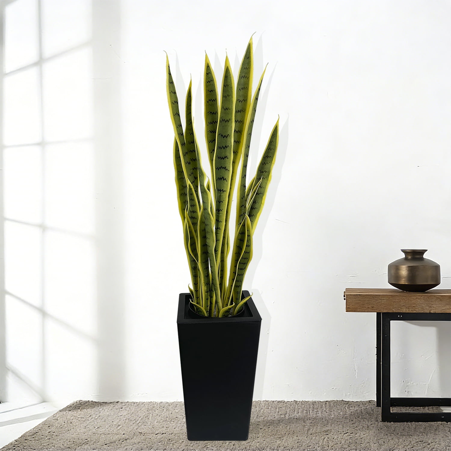 Artificial Snake Plant 4FT with Black Pot, Single Pack, 24 Adjustable Leaves, Suitable for Indoor & Outdoor, Garden, Backyard, Front Door Decor, Daily Home Decoration, Holiday Decoration, Yellow