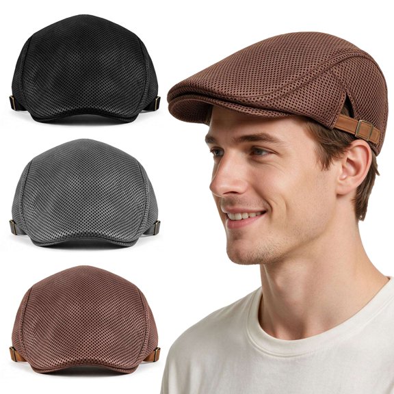 Gustave 3 Pack Men Mesh Newsboy Hats Summer Breathable Flat Caps Adjustable Flat Beret Cap Vintage Gatsby Cabbie Driving Hunting Hat