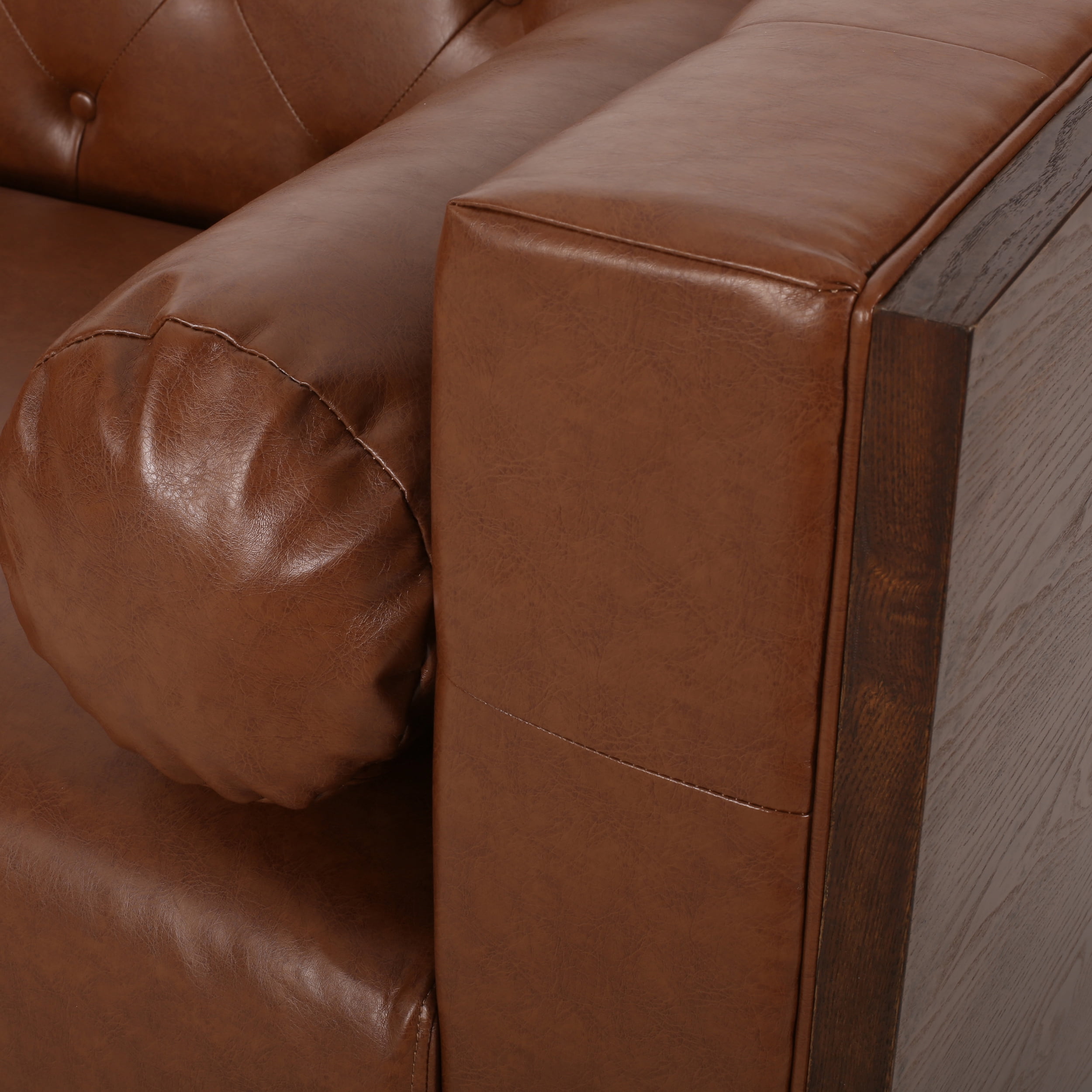 Noble House Hennessey Tufted Faux Leather Sofa, Cognac Brown, Espresso