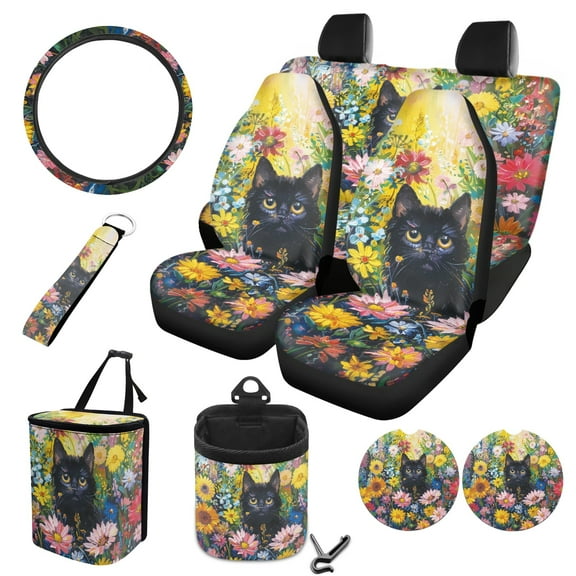 FOR U DESIGNS Cat Colorful Daisy Print Car Seat Cover Stretch Car Garbage Can Steering Wheel Cover Vehicle Car Trash Can Air Vent Pouch Coaster Lanyard Keychain Automobile Interior Set, Pack of 10