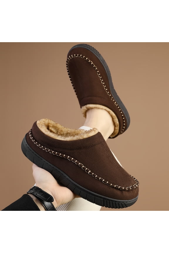 Men's Slip-On Moccasin Slippers - Plush Fuzzy Indoor/Outdoor House Shoes with TPR Sole, Wide Comfortable Loafers with Arch & Lacing System-like Strap (No Laces) - Soft Fabric Upper & Warm Lining