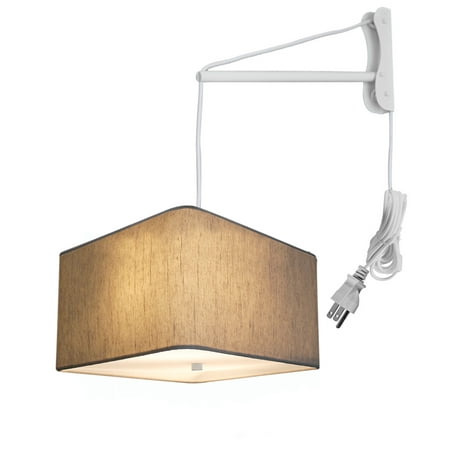 

MAST Plug-In Wall Mount Pendant 2 Light White Cord/Arm with Diffuser Rounded Corner Square Oatmeal Drum Shade 16 W