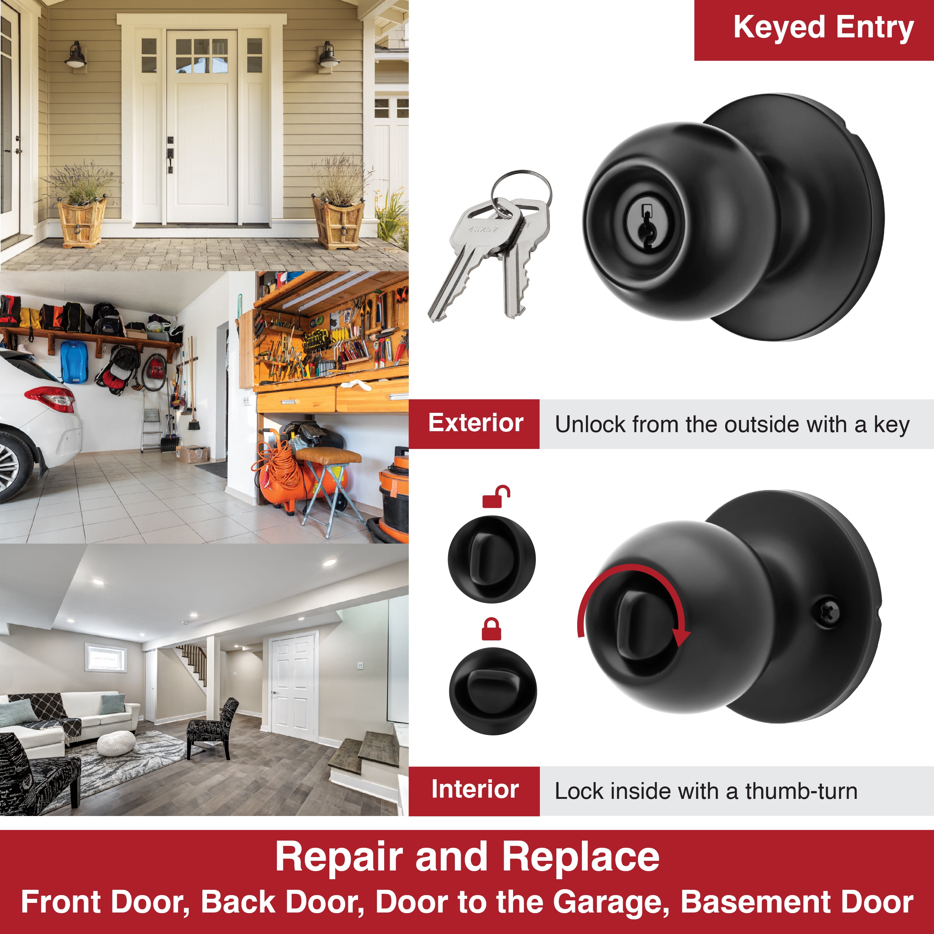 (4 pack) Hyper Tough Keyed Entry Ball Locking Doorknob Matte Black Finish