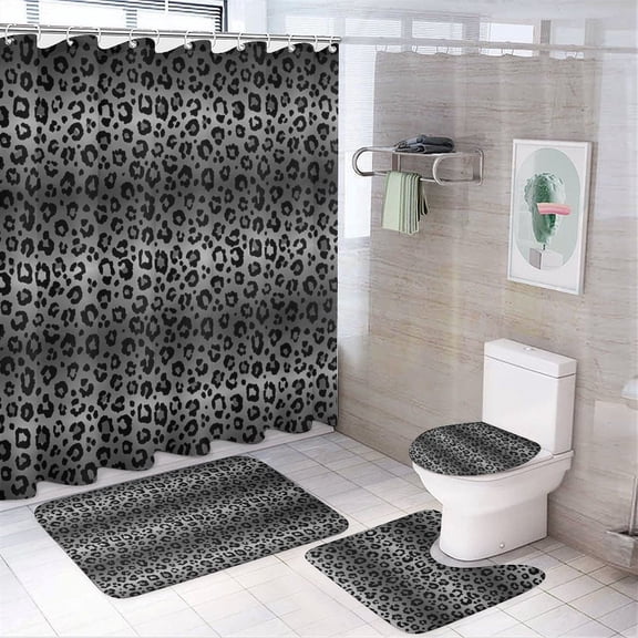 Brown Leopard Print Shower Curtain Sets Non-Slip Rugs Bath Mat Toilet Cover U Shaped Mat 4 Pcs