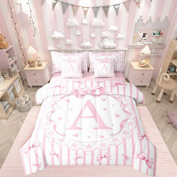 Castle Fairy Monogrammed Letter 7-Piece Twin Bedding Sets for Teens,Flower Bow Bedding Comforter Set,Geometric Stripes Breathable Sheet Sets,Ultra Soft Home Decor