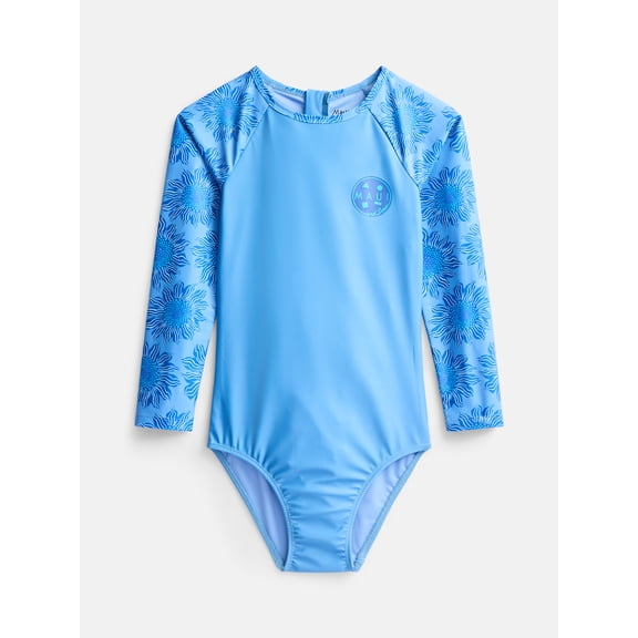 Maui and Sons Girl's Sunflower Long Sleeve One-Piece Swimsuit, High Performance Stretch Bathing Suit and Athletic Swimwear for Kids