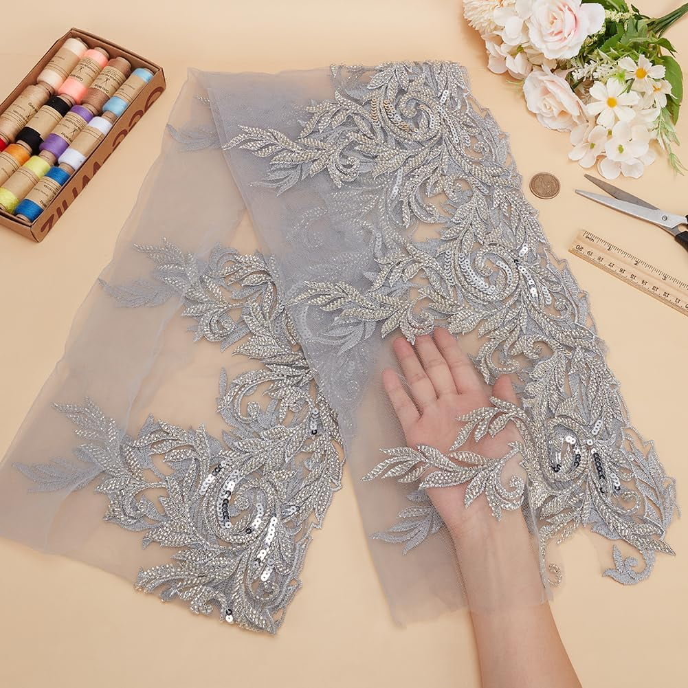2 Yards Silvery 3D Lace Applique Width 13.6 Inch Floral Lace Rhinestone Beaded Sewing Fabric Applique Decor for DIY Sewing Clothing Flowers Applique Embroidery Patches Fabric for Wedding Dress