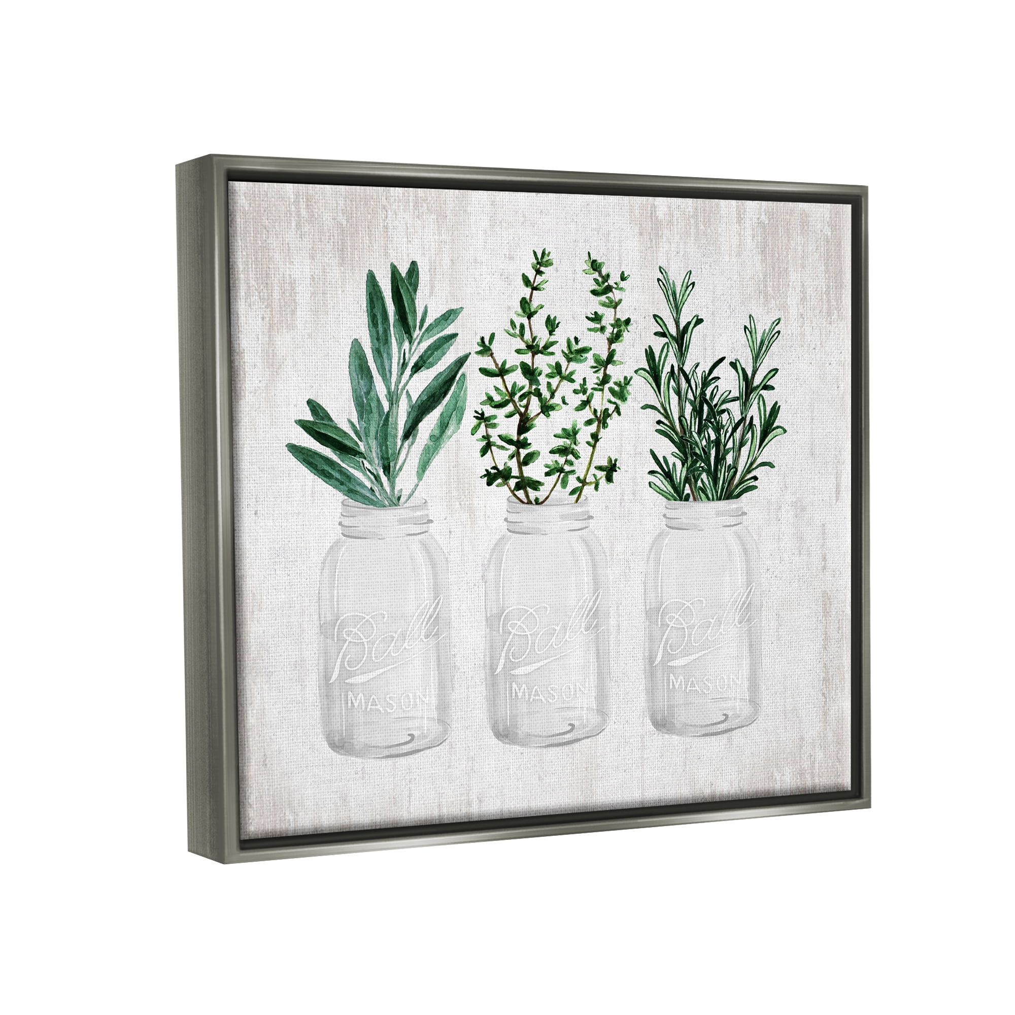 Stupell Industries Kitchen Herbs in Jars Botanical & Floral Painting Gray Floater Framed Art Print Wall Art, 31 x 25