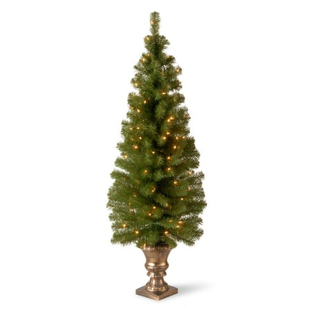 National Tree Pre-Lit 5' Montclair Spruce Entrance Artificial Christmas Tree in 12" Black/Gold Plastic Pot with 100 Clear Lights