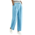 thumbnail image 3 of QATAINLAV Linen Pants Women Elastic High Waisted Wide Leg Beach Pants Solid Casual Pull On Lounge Trousers with Pockets, Blue, L, 3 of 7