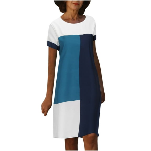 TIHLMK Sexy Dresses for Women Women's Round-Neck Fashion Casual Temperament Pullover Short Sleeve Print Casual Loose Waist Mid-Skirt Dress Gift for Women