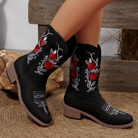 Vintage Cowboy Boots For Women Boho Retro Suede Square Toe Western Cowgirls Boots Ethnic Flower Embroidered Chunky Block Mid Heels Slip On Wide Mid Calf Boots