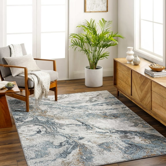 Mark&Day Area Rugs, 5x7 Tenita Modern Abstract Marble Sky Blue Area Rug, Blue Orange Yellow Marble Swirl Carpet for Living Room, Bedroom or Kitchen (5'3" x 7')