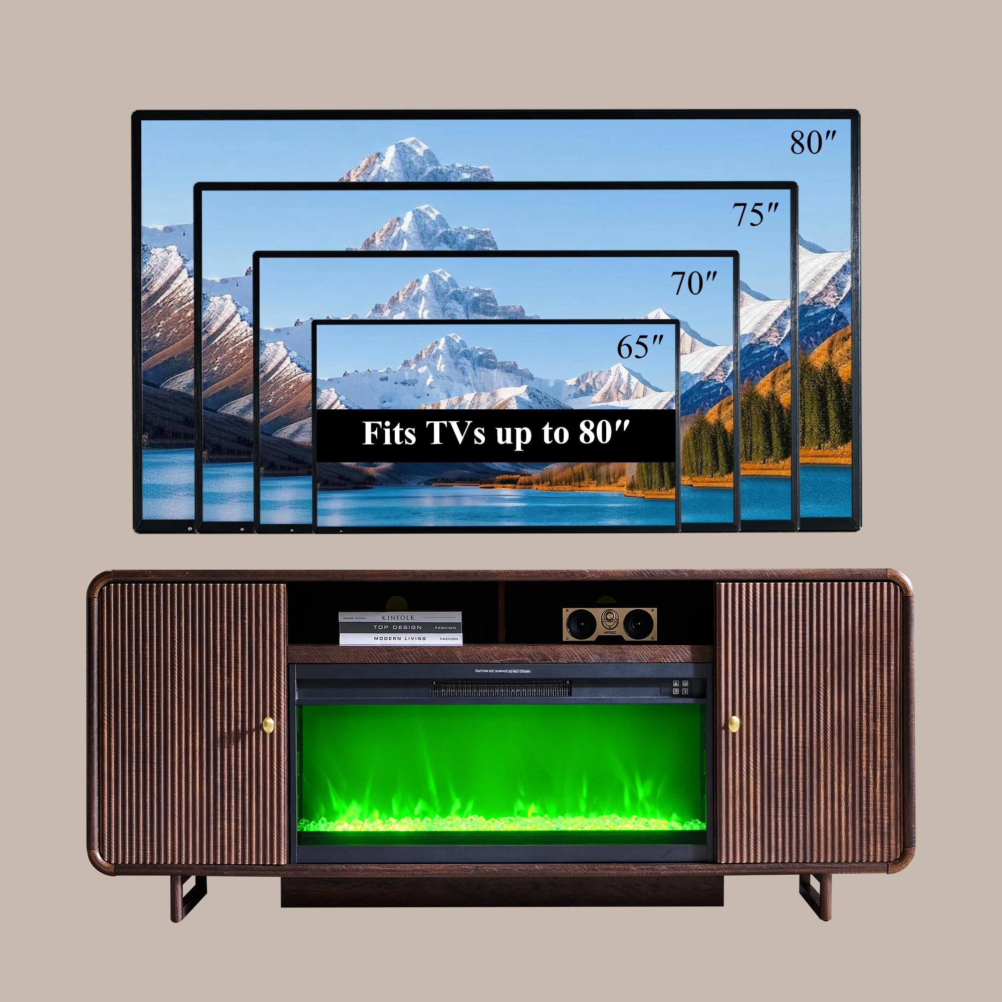 SinCiDo 70" Fluted Fireplace TV Stand for 80 Inch TV, Modern Entertainment Center w/36'' Electric Fireplace, Curved Profile Design for Living Room, Brown