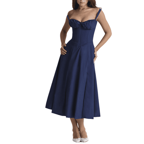 Eternatastic Women's Corset Dress Sleeveless Split Flowy Midi Dress French Style Spaghetti Strap Beach Vacation Dress L Navy