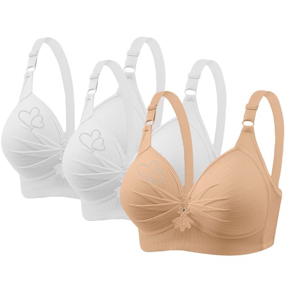 Hxshgdsn 3PC Back Closure Bras Casual Sexy Push Up Shaping Cup Shoulder Strap Embroidered Underwire Bras Plus Size Extra-Elastic Wirefree Womens Bras,Beige,42C