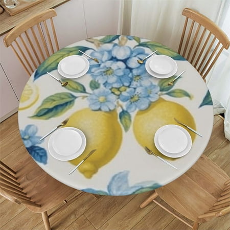 HAOXIT Blue Pattern LemonRound Tablecloth Polyester Tablecover with Design Anti-Wrinkle and Smooth Table Cloth for Kitchen/Home Decoration - Blue 54-58