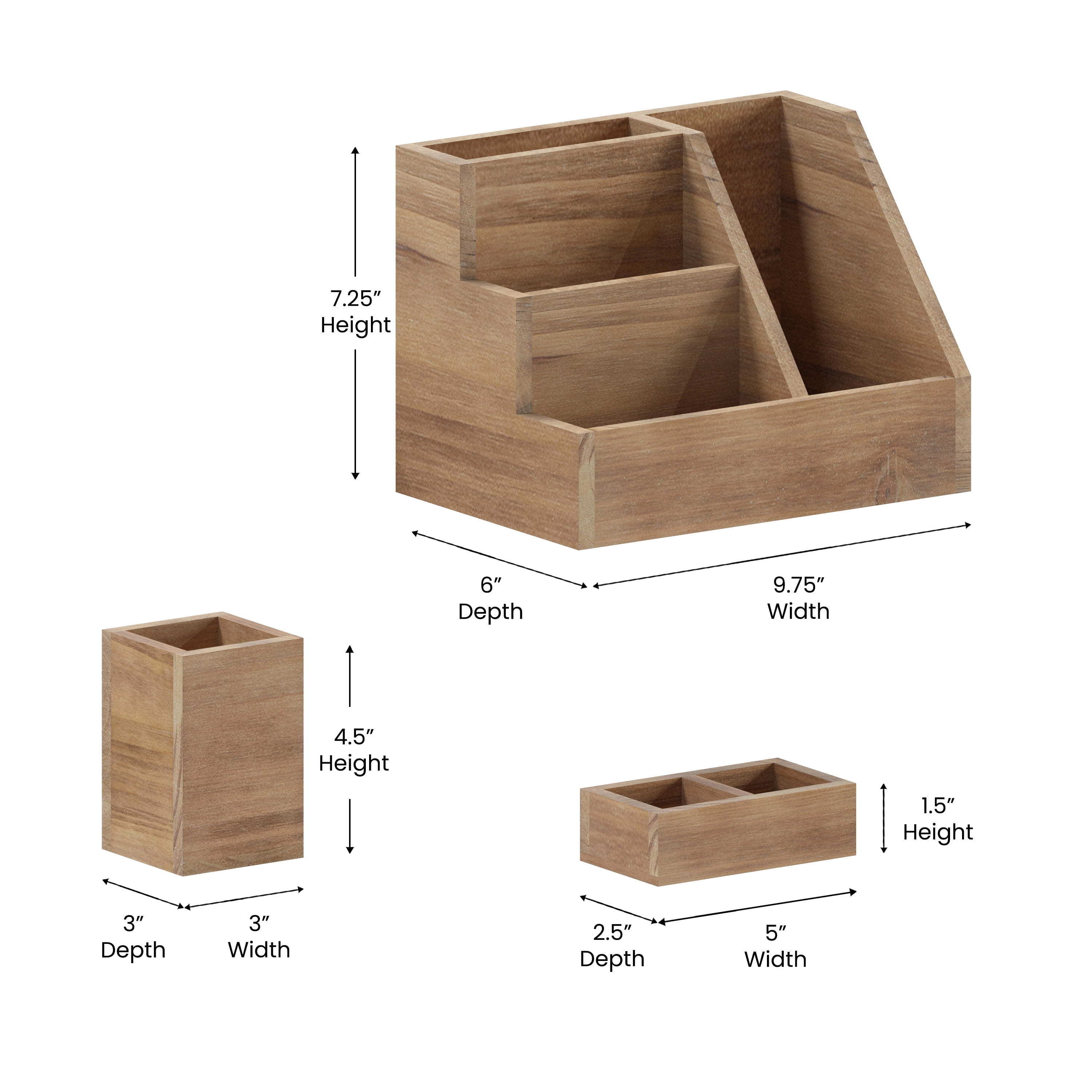 Merrick Lane 3 Piece Wooden Desk Organizer Set for Desktop, Countertop, or Vanity in Rustic Brown