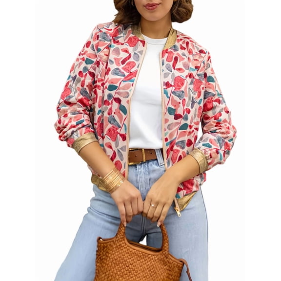Women'S Full Zip Up Linen Casual Jackets Loose Boho Jacket Long Sleeve Tree Leaf Outerwear Mixed Color 2 M