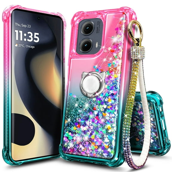 Nagebee For Motorola Moto Edge 2024 Phone Case with Ring Holder/Wrist Strap Lanyard, Glitter Liquid Floating Waterfall Cute Phone Cover (PinkAqua)