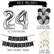 24Th Birthday Party Pack - Black  Silver Happy Birthday Bunting, Balloon, And Swirls Pack- Birthday Decorations - 24Th Birthday Party Supplies