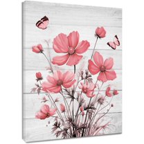 Floral Pink Wall Art Country Pink Flower and Butterfly on Rustic Wooden Boards Canvas Wall Art Wildflower Nature Plant Framed Wall Art for Bedroom Bathroom Home Wall Decor,12L X 12W inches