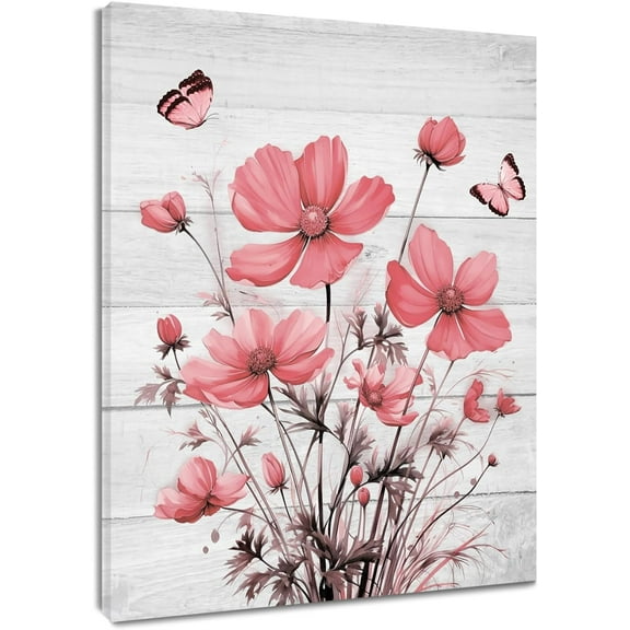 Floral Pink Wall Art Country Pink Flower and Butterfly on Rustic Wooden Boards Canvas Wall Art Wildflower Nature Plant Framed Wall Art for Bedroom Bathroom Home Wall Decor,12L X 12W inches