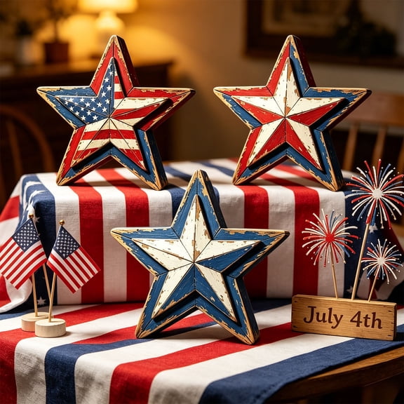 BiFandian Patriotic Rustic Wooden Star Decorations Set of 3, 4th of July Distressed Star Ornaments, American Flag Star Tabletop Decor for Independence Day Memorial Day Indoor Outdoor