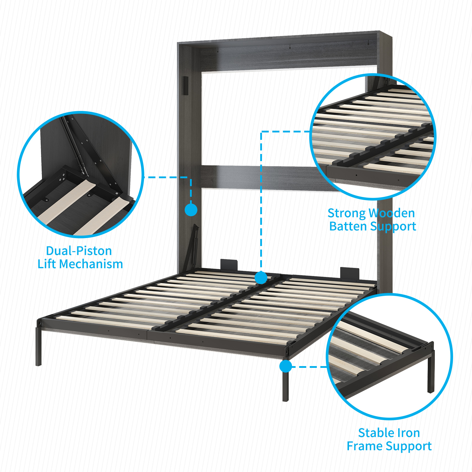 MUZZ Queen Murphy Bed with Upright Wardrobe, Space Saving Folding Murphy Wall Bed Cabinet for Bedroom /Apartment (Dark Grey/Style 11)