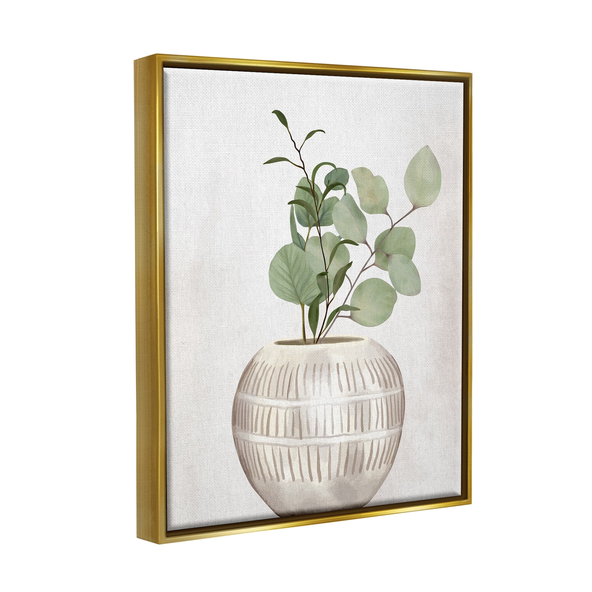 Stupell Industries Potted Herbal Plants Round Leaves Patterned Vase Painting Metallic Gold Floating Framed Canvas Print Wall Art, Design by Kim Allen