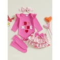 thumbnail image 4 of BemeyourBBs Newborn Baby Girl My First Valentines Day Outfit Long Sleeve Letters Heart Printed Romper with Ruffle Skort Skirt Set Headband and Stockings 4Pcs Spring Clothes, 4 of 9