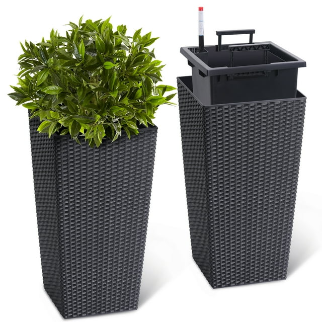 BeesClover Rattan Planter, 22.4 Inch Tall Large Flower Pots with Trays, Water Level Monitor & Wheels for Indoor Outdoor Patio Porch Living Room Home Office Set of 2