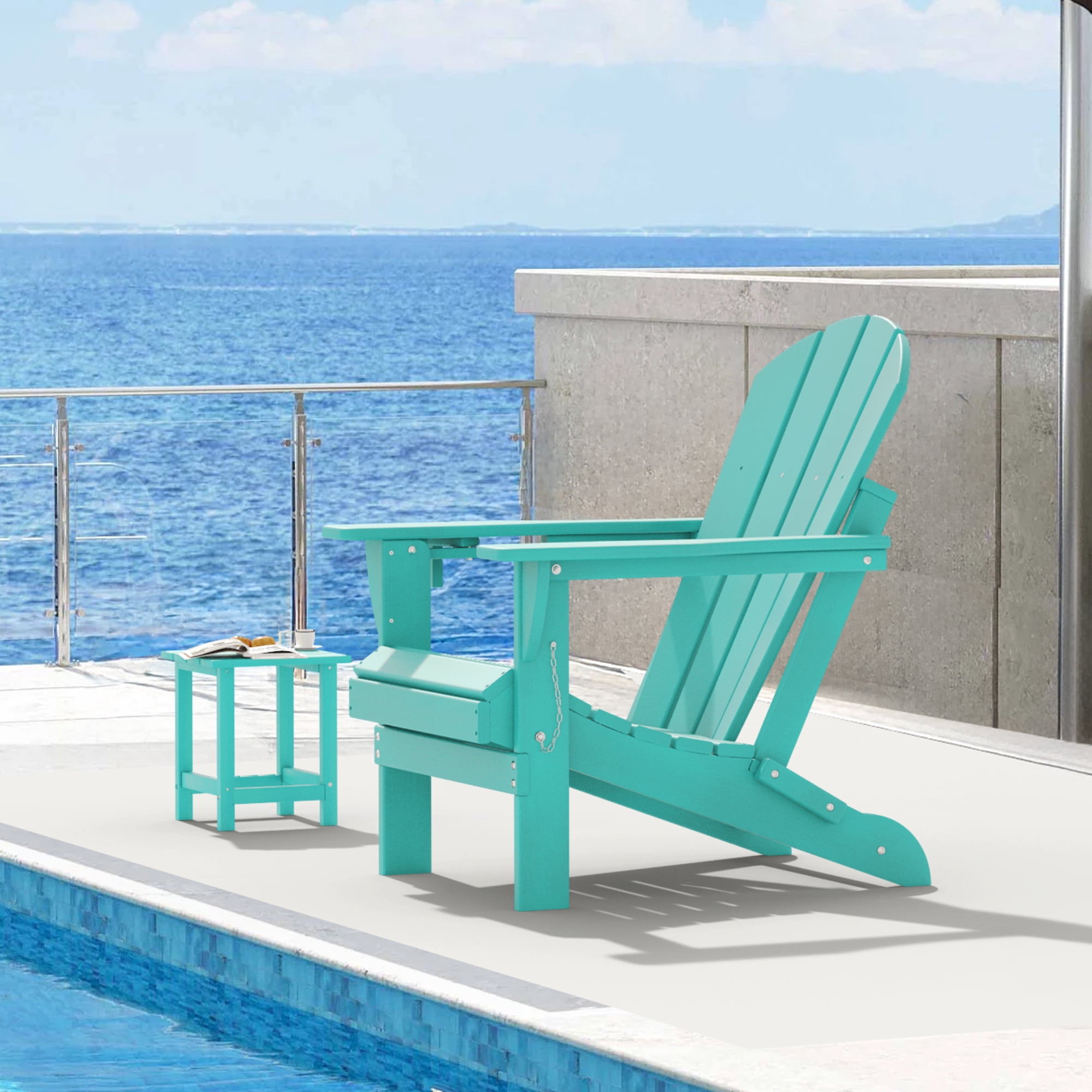 Folding Adirondack Chair Set of 2, HDPE All-Weather Outdoor Patio & Firepit Chair with Ergonomic Extended Backrest & Cup Holder, Low Maintenance, Aqua