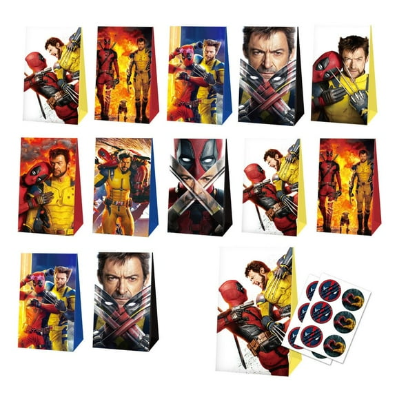 12 PCS Party Favor Candy Bags for Deadpool & Wolverine Themed Birthday Supplies Decor Kraft Paper Gift Bag.
