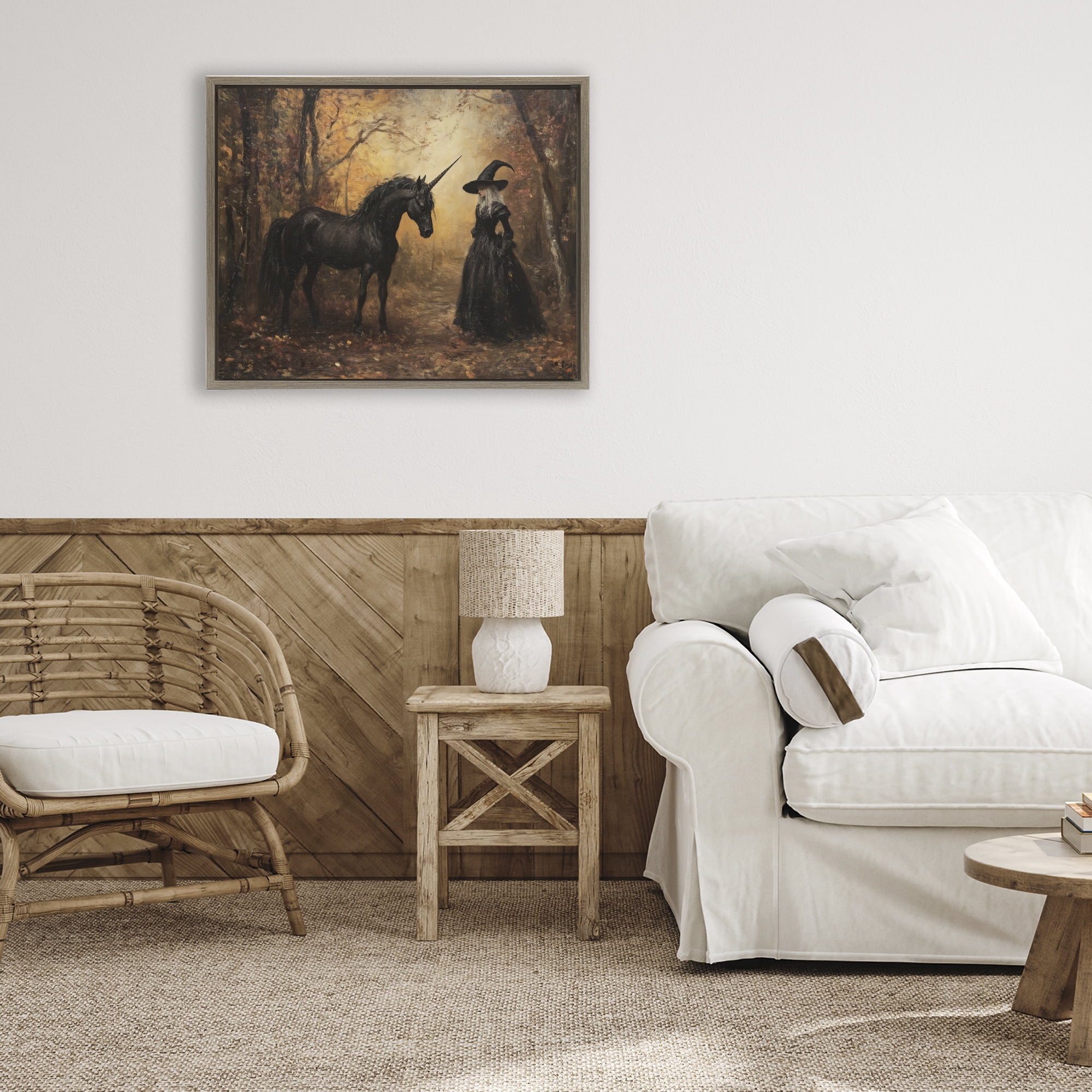 Witch & Black Unicorn Brown Framed Floater Canvas Wall Art, design by Arlington Prints