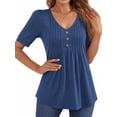 thumbnail image 2 of MOYIKO Blouses for Women T Shirts Pleated Button Puff Short Sleeve Shirts Dressy Casual V Neck Tunic Tops Summer Shirts, 2 of 7