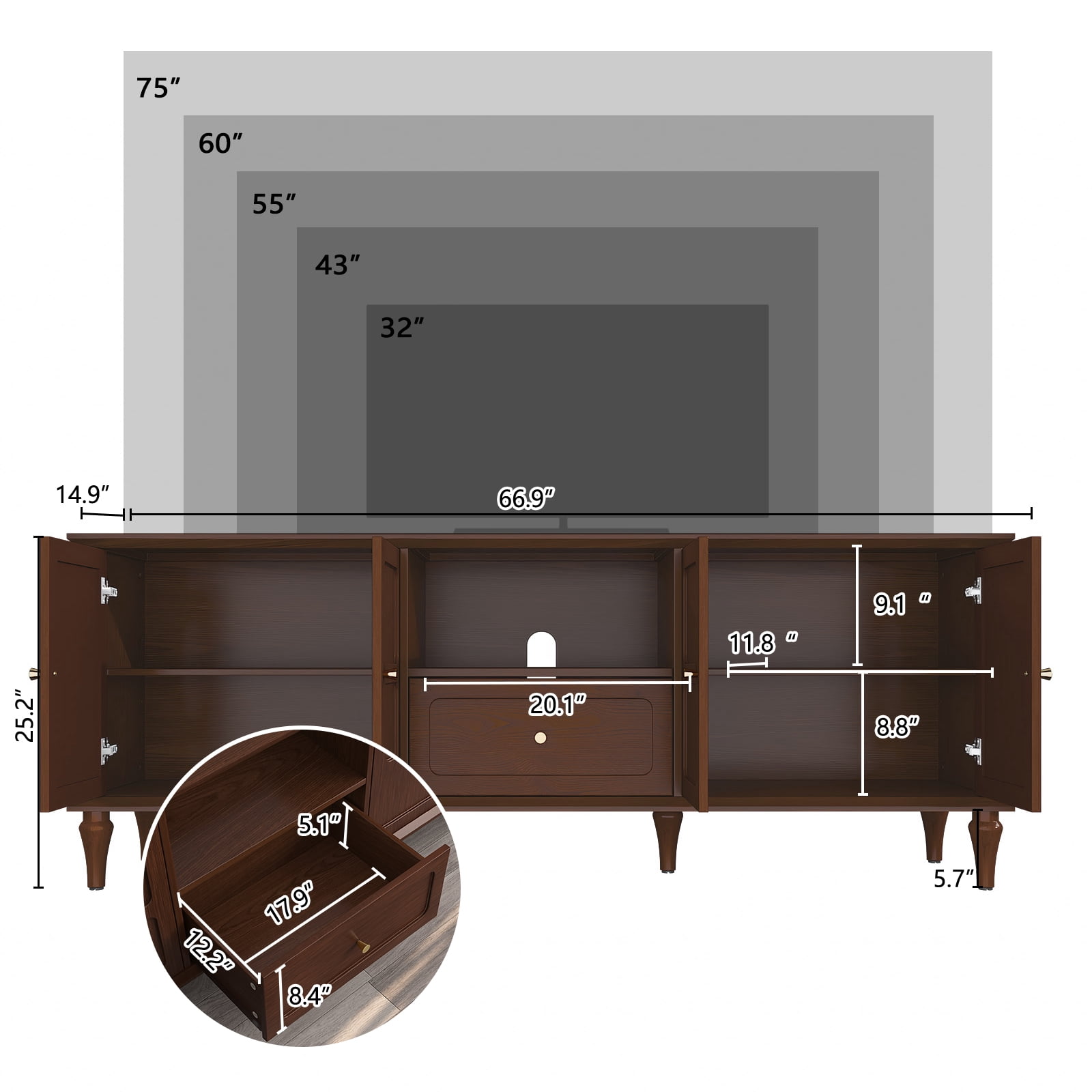67" Mid-Century TV Stand for TVs up to 75 " , Retro Entertainment Center with Storage Cabinets and Drawers, Brown