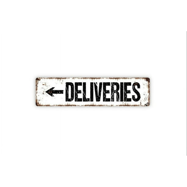 Entregas con señal de flecha derecha o izquierda Paquetes aquí Entrega Entrada Entrega Letrero de metal rústico para calle o placa con nombre para puerta Tamaño de placa: 4 x 16 pulgadas